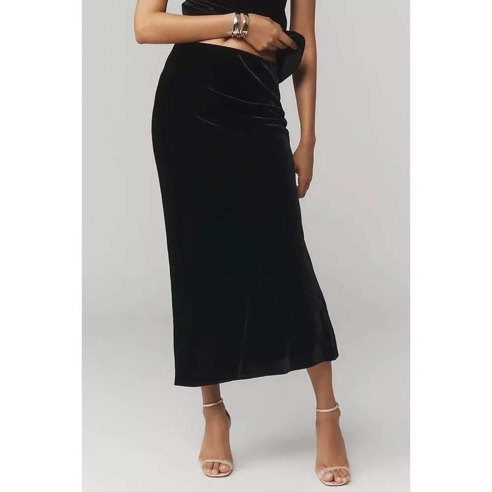Anthropologie Crushed Black Velvet Maxi Skirt NWT Pull On Elastic Waist M